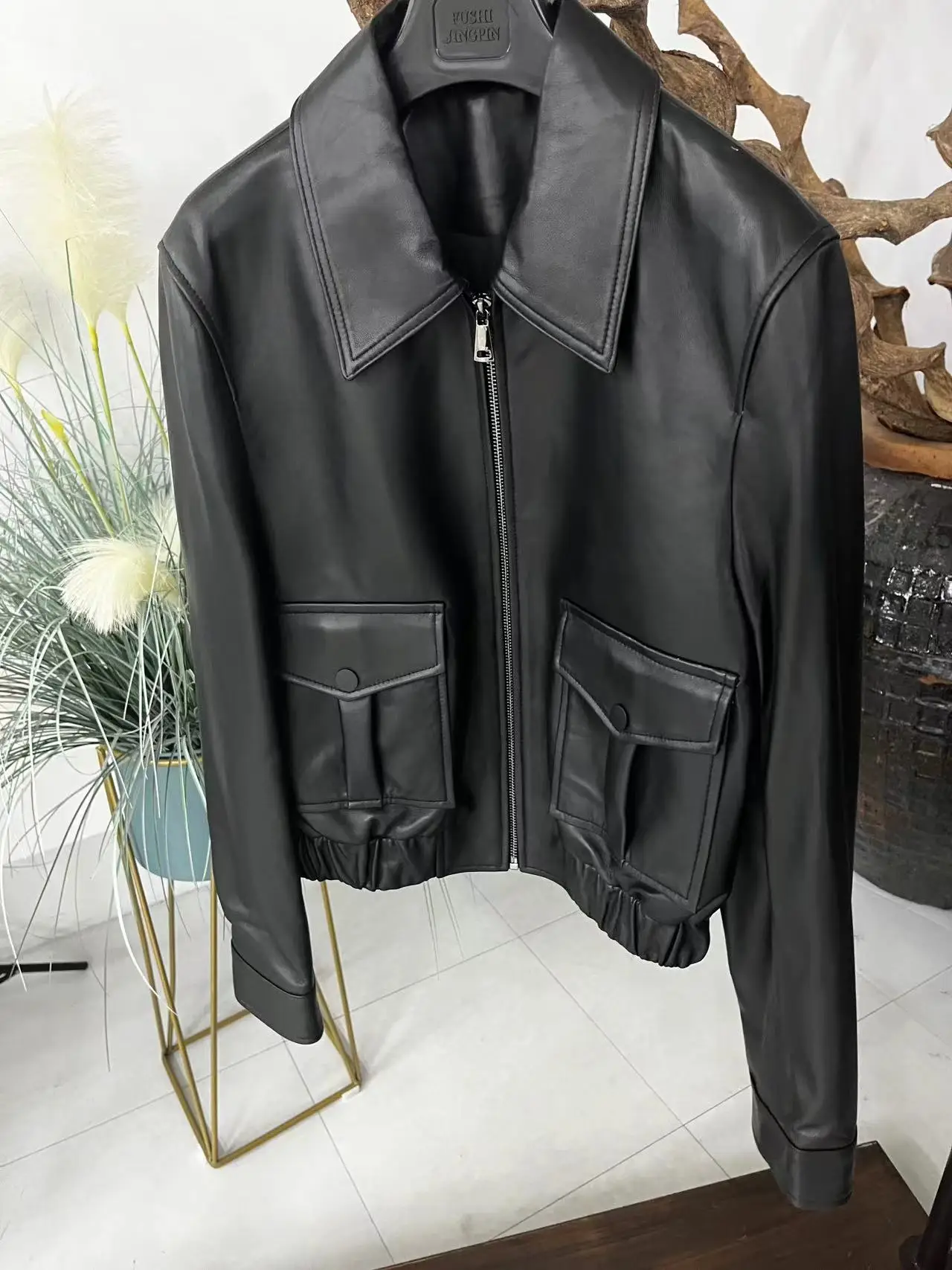 real and natural leather sheepskin jacket for women with turn-down collar black color and wind-proof and water proof fashion aut