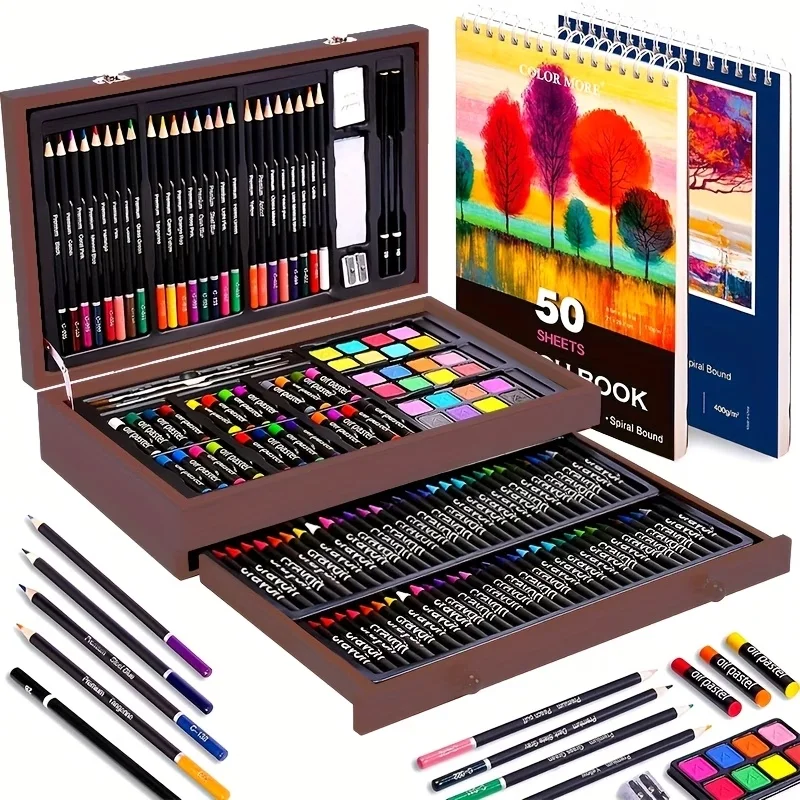  142-Pack Deluxe Wollen Art Set, With Paint Brushes, Colored Pencils, Solid GouacheTo School Gift & Outdoor Travel Sketching