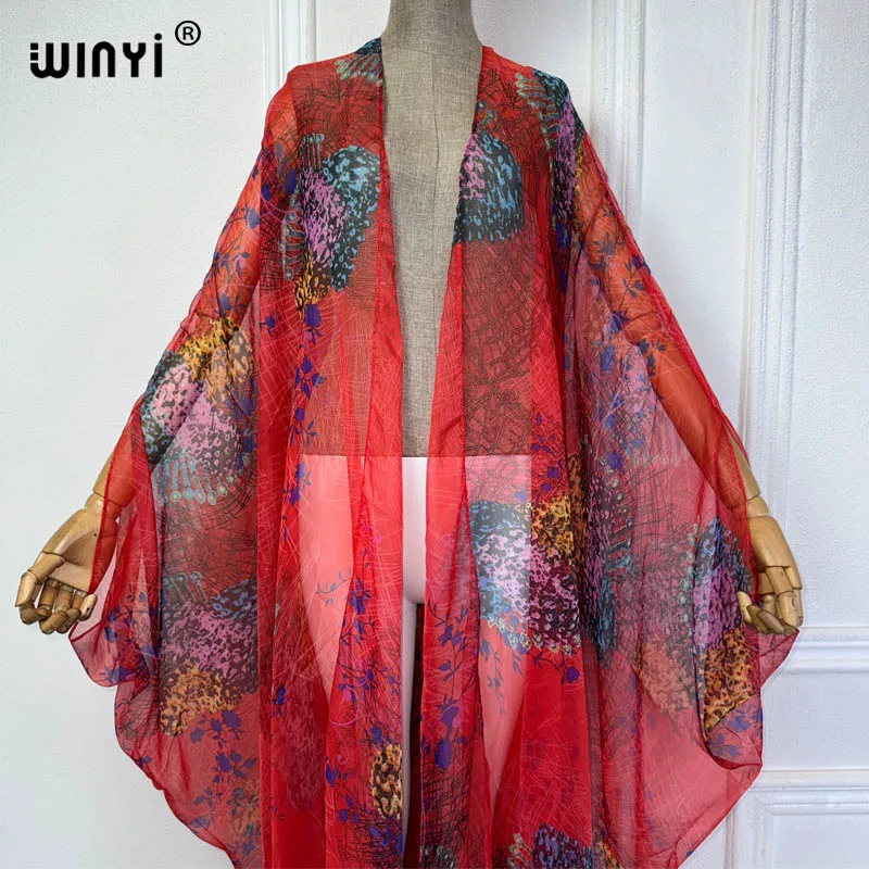 Imagem -03 - Winyi-print Kimono Bikini Cover-ups Boho Maxi Dress Perspective Sexy Loose Holiday Kaftan Vestidos para Mulheres Cardigan de Tamanho Livre Novo