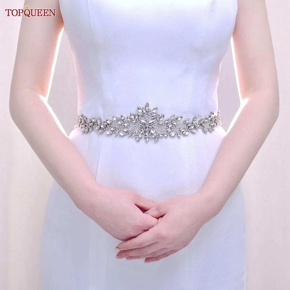 TOPQUEEN Luxury Diamond Handmade Wedding Belt Silver Evening Dress Waist Decorative Patch Bridal Accessories S11