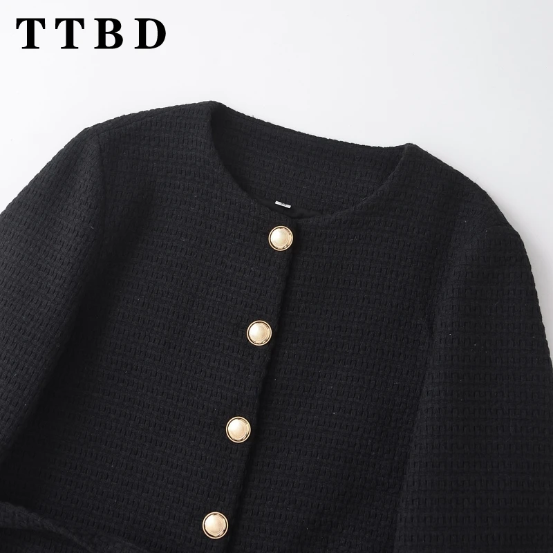 TTBD 2024 New Woman's Autumn Chic Long Sleeve Knitted Coat Female Vintage O-Collar Black Cardigan Lace Gold Button Jacket Top