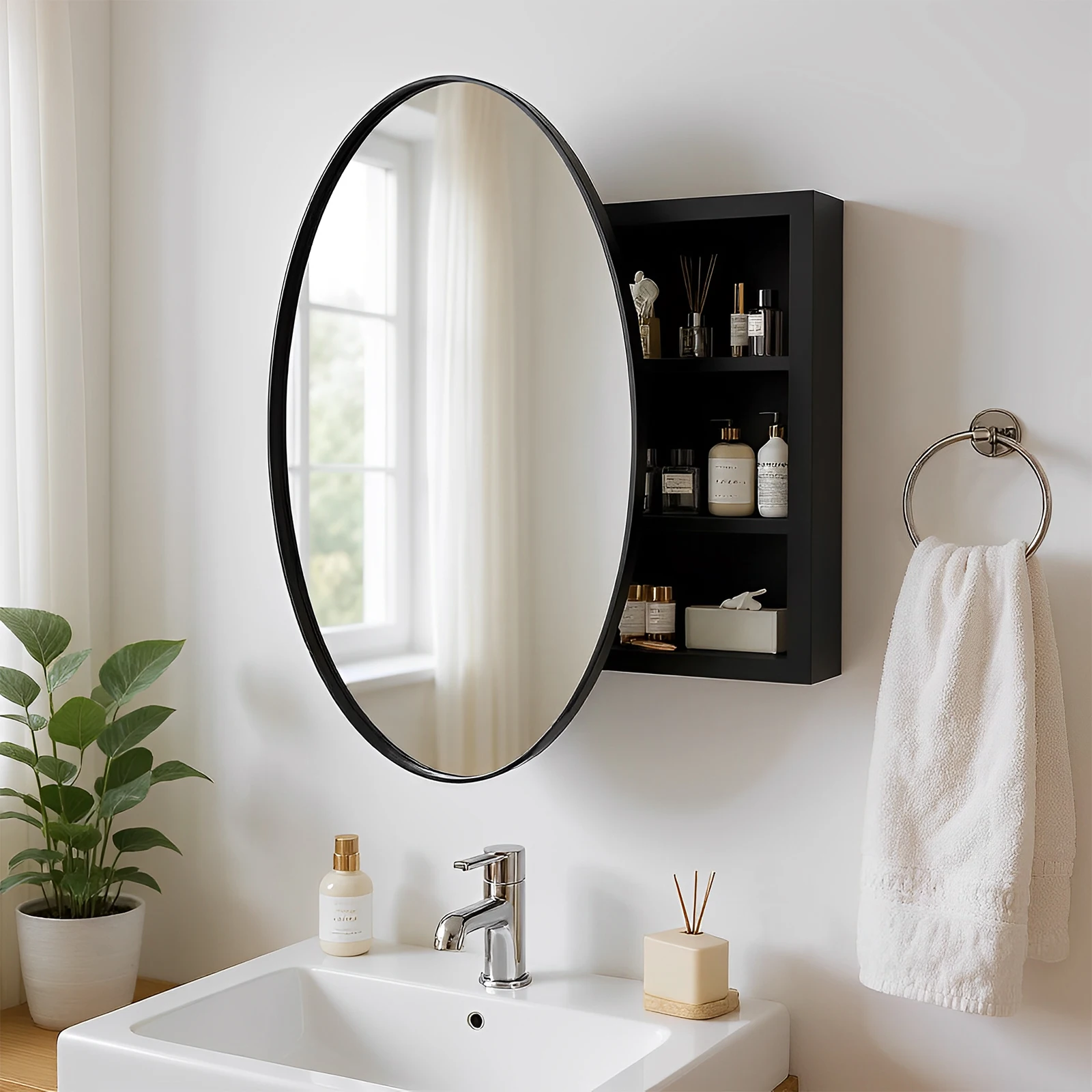 

Round Bathroom Mirror Cabinet Single Door Wall Mounted Bathroom Cabinet Space Saving Home Organizer Adjustable Shelf