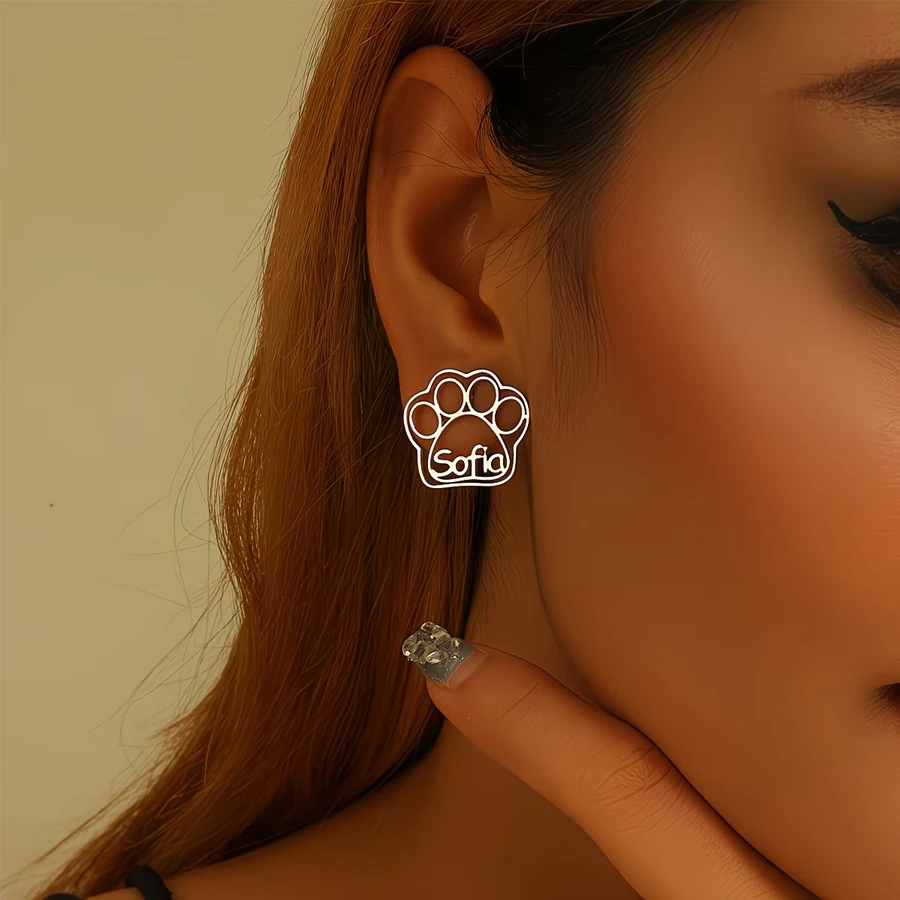 Acheerup New Personalized Name Pawprint Stud Earrings for Women Stainless Steel Custom Letters Lovely Earrings Jewelry Kids Gift