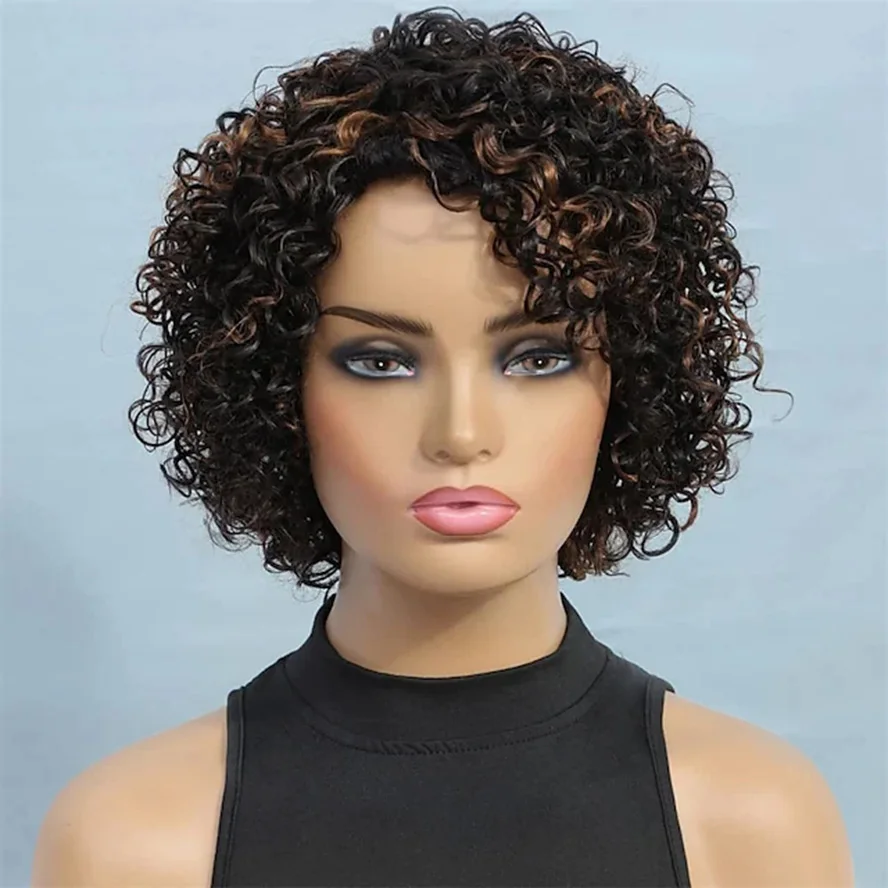 Ombre Short Curly Synthetic Hair Wigs For Black Women Short Curly Wigs Synthetic Hair Highlighted Piano Color Side Part Wigs