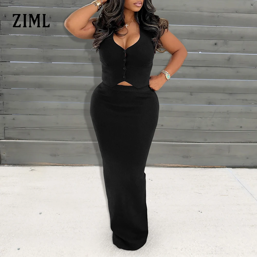 

ZIML Casual Solid Slimming Two Piece Sets For Women V Neck Sleeveless Top High Waist Long Skirt Summer Chic Set Female Fashion
