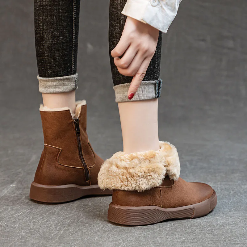 DRKANOL Handmade Retro Winter Fluffy Fur Snow Boots Women Real Cowhide Shearling Ankle Boots Ladies Natural Wool Flat Warm Shoes