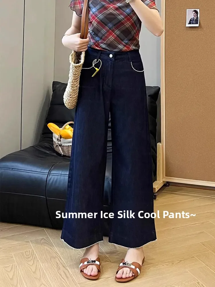

Deep Blue Ice Silk Nine-Tenths Loose Wide Leg Jeans Women's Spring Thin Large Size Drapey Slimming Floral Casual High Wa...