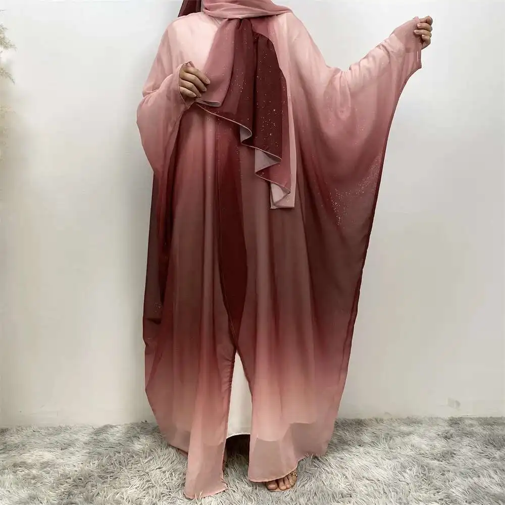 Cardigan en mousseline de soie musulman à la mode, ensemble bandeau manchette chauve-souris dégradé Abaya 67501 Robe Abaya Ramadan dubaï luxe Islam élégant