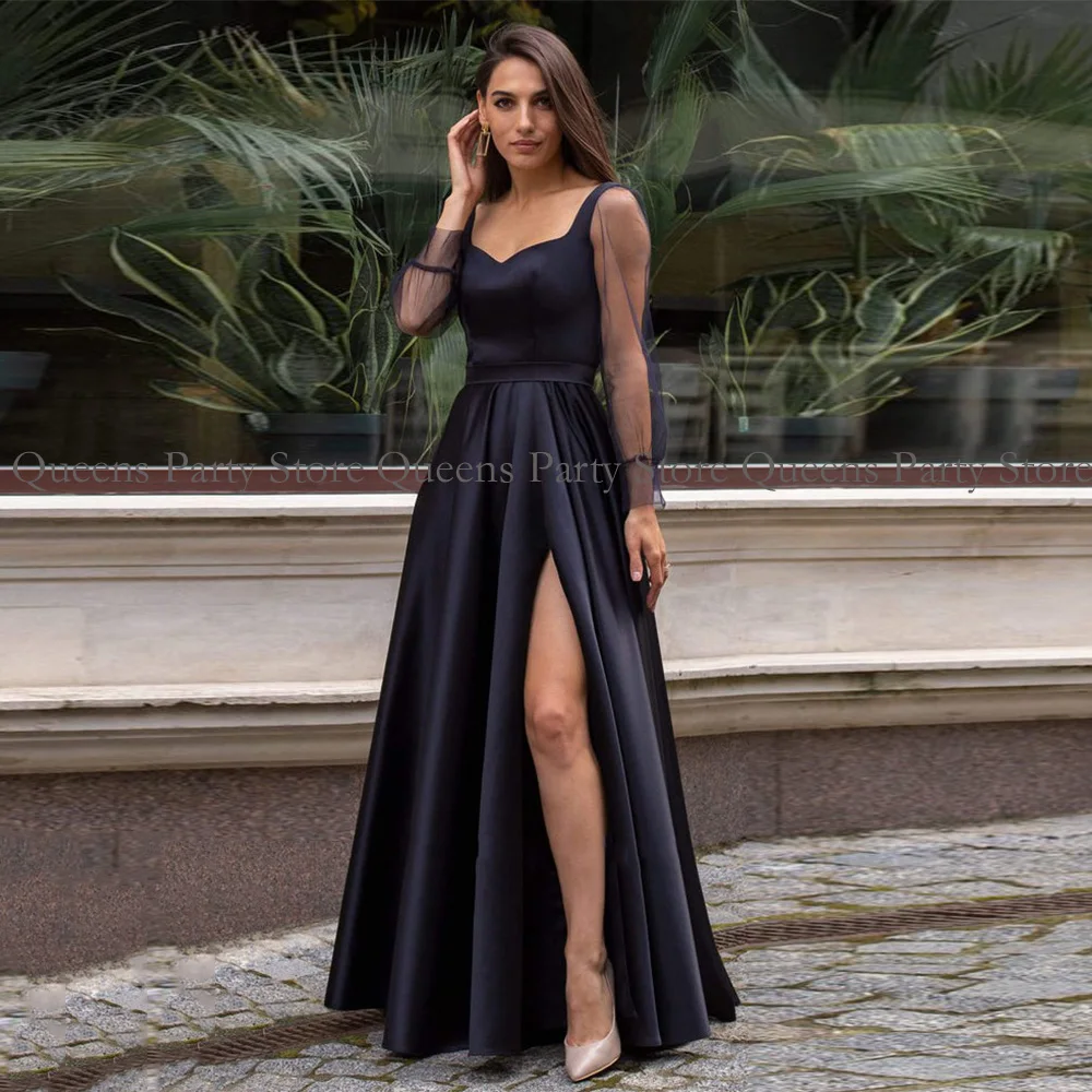 

Black Prom Dress Customized Illusion Long Sleeve Sweetheart Simple Plain Party Dresses Floor Length High Slit Evening Gown