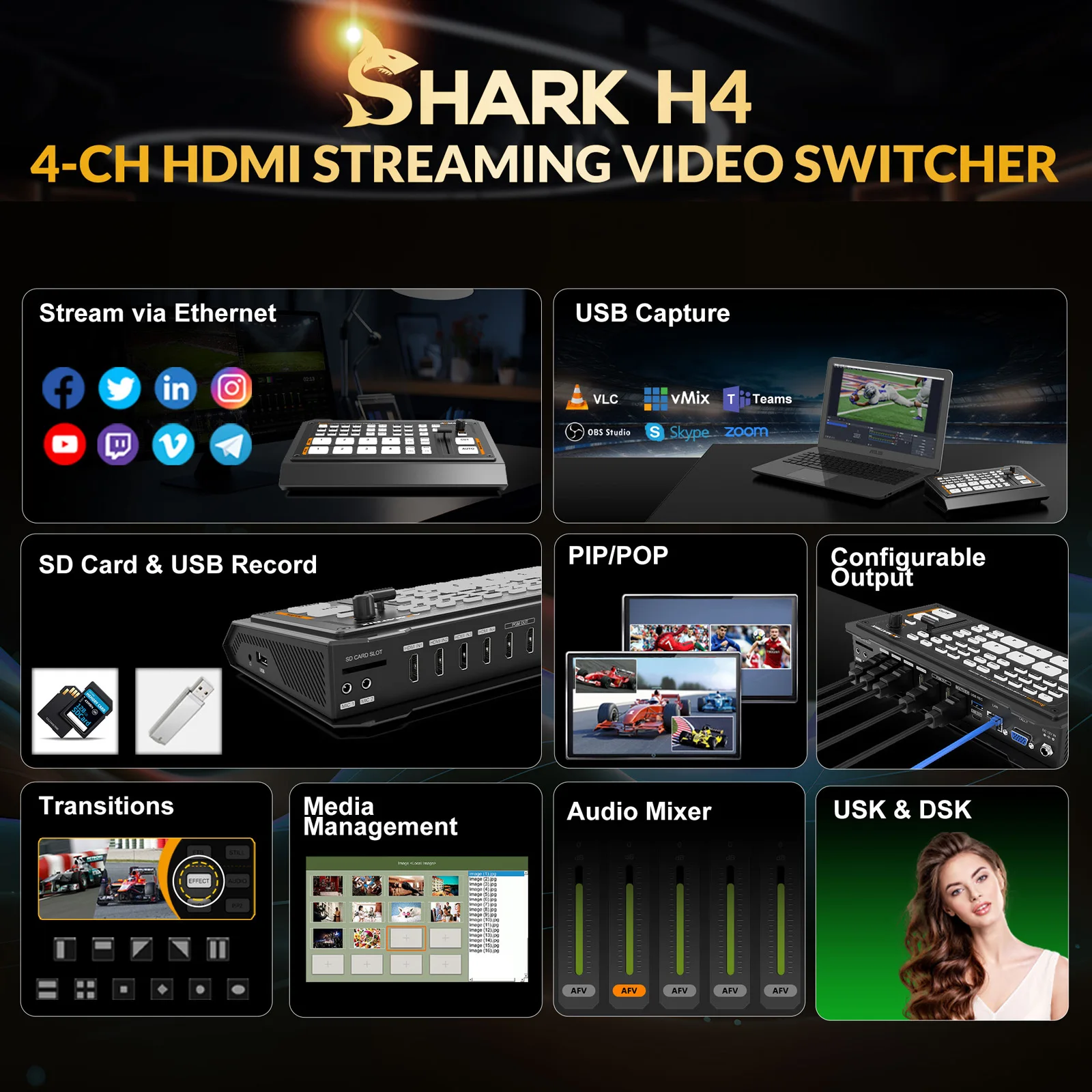 AVMATRIX H4 Multi Camera Record Live Streaming 4 Channel for Video Switcher Mixer RTMP/SRT Stream Multiview Luma Key/Chroma Key