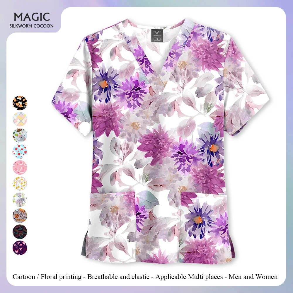 Clinical Uniform Women Floral Print V-Neck Stretchy Sanitary Dental Uniform Short Sleeve Top Wholesal Medico Nurse Uniform Woman