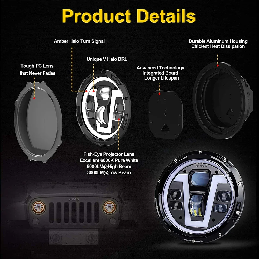 POVTOR LED 7 بوصة المصباح مع حلقة هالة العنبر بدوره أضواء الإشارة الخامس نوع الأبيض DRL عالية منخفضة شعاع ل جيب رانجلر JK TJ LJ CJ
