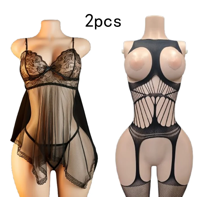 2-Piece Set: Alluring lace bodysuit featuring a sheer design with cutouts, a sheer mesh dress, and fishnet stockings.