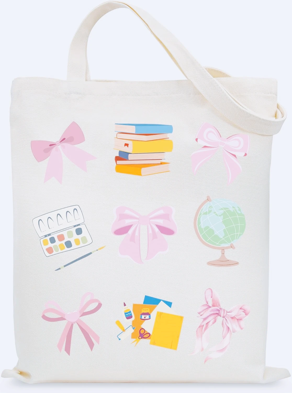 

School Supplies Canvas Handbag Women's Pink Bow Book Global Art Box Printed Shoulder Bag Student Back To School Shopping Handbag