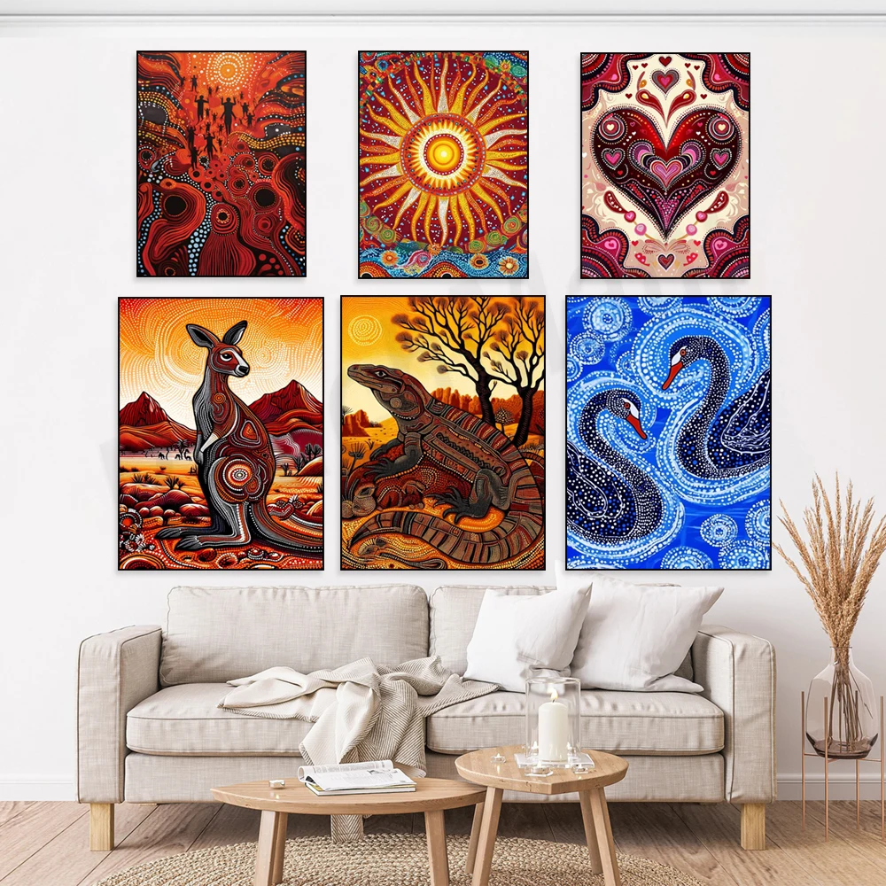 Goanna San aboriginal dot art, kangaroo, desert landscape, night sky print, Australian design original aboriginal style poster