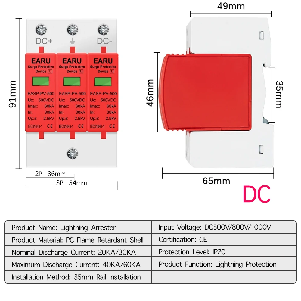 SPD 2P 3P DC 500V 800V 1000V 20KA~40KA 30KA~60KA House Lightning Surge Protector Protective Low-voltage Arrester Device PV Solar