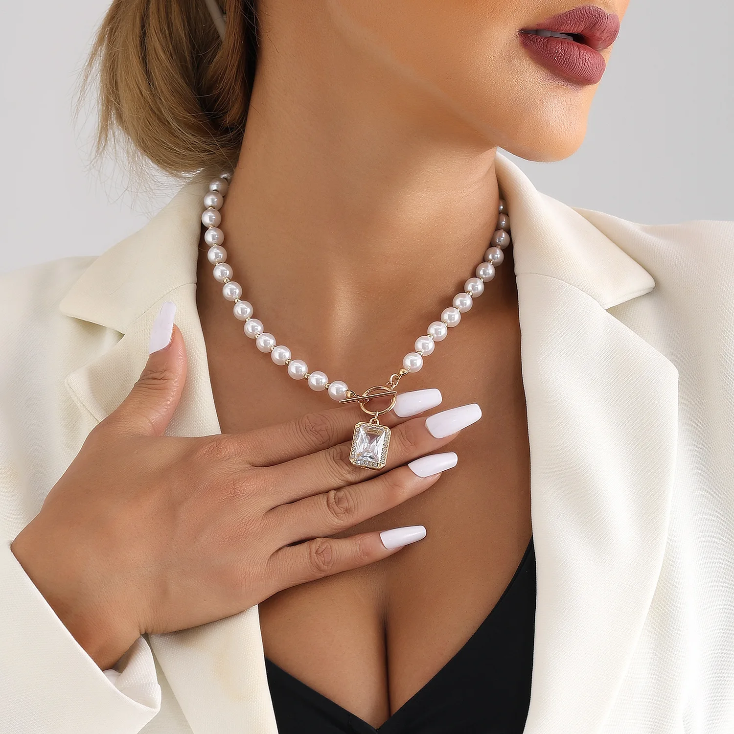 Premium Faux Pearl Chain Necklace OT Clasp Rectangular Micro Set Rhinestone Pendant Elegant Everyday Standard Size Silver