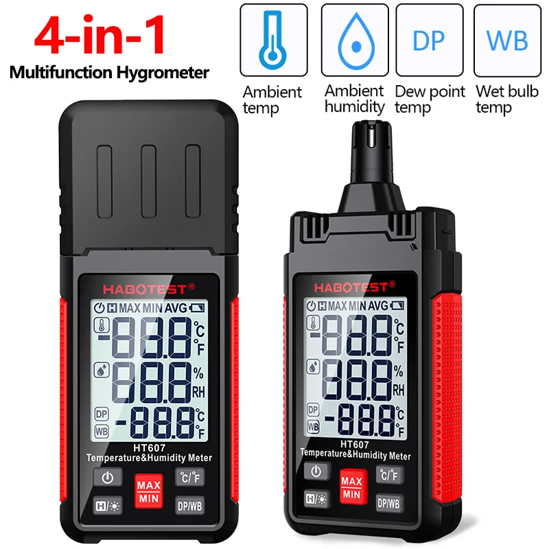 HT607 Digital Hygrometer Temperature Humidity Meter Handheld LCD Thermometer Hygrometer Psychrometer Wet Bulb Dew Point Tester