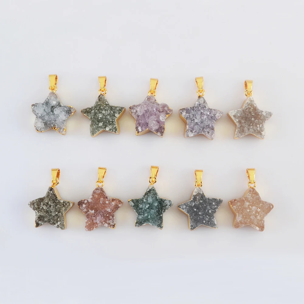 

BOROSA Delicate Golden Plated Star Agate Druzy Pendant Connector Natural Stone Charms for Women Necklace Engagement Jewelry