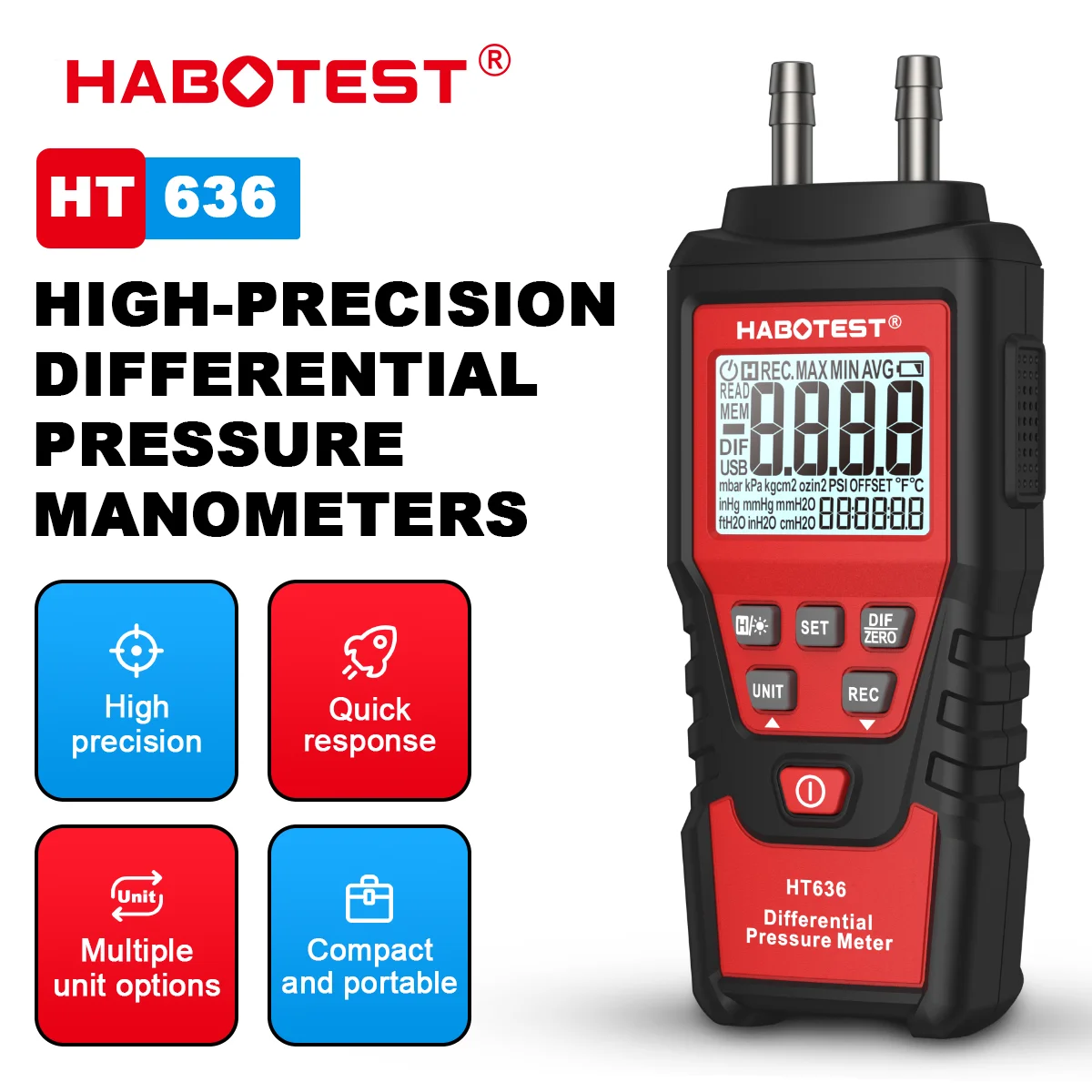 HABOTEST HT636 Digital Pressure Gauge Manometer Air Pressure Meter Differential Pressure Gauge Air Precision Kit Detector Meter