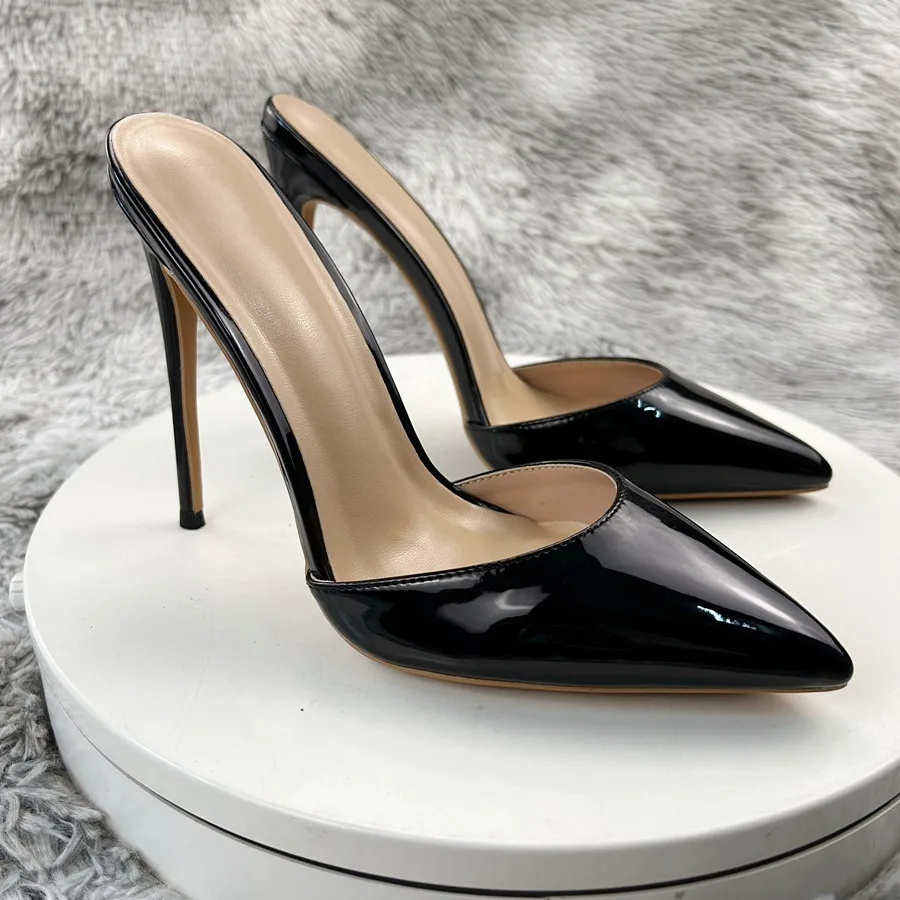 Black Lacquer leather glossy surface Slippers Pointed Toe Stiletto Sexy  Slip-On Luxury Bling  Shoes Hot Fashionable High Heels