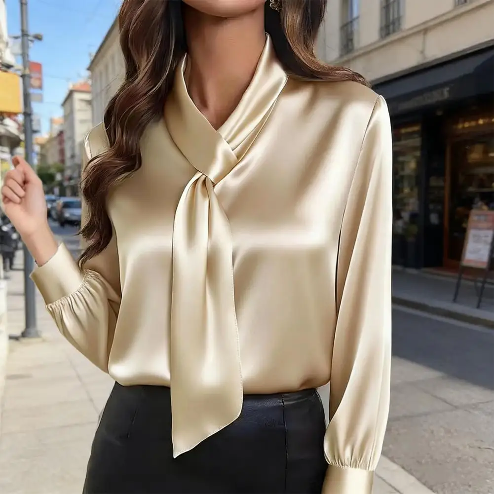 우아한 여성용 새틴 셔츠 블라우스 신상 프린트 V넥 긴팔 단색 루즈핏 셔츠 캐주얼 탑 오피스룩