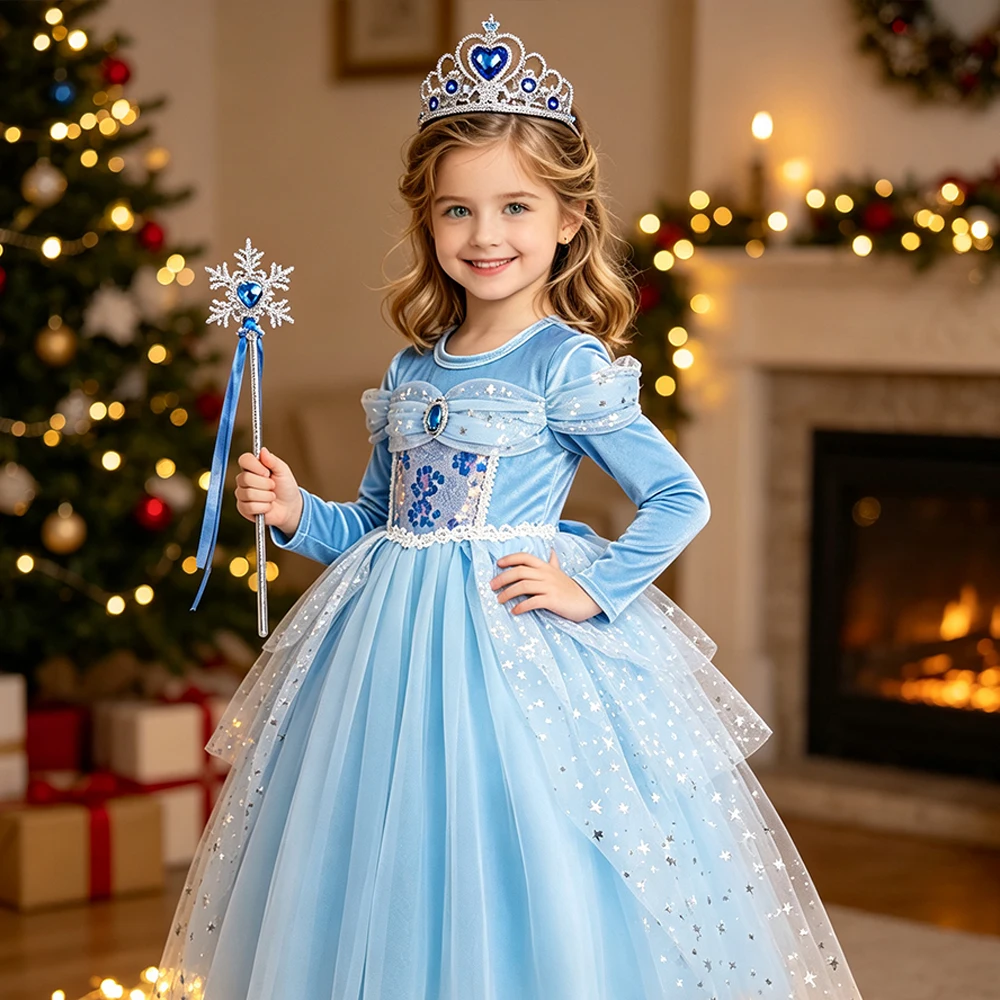 Mädchen Cinderella Blaues Pailletten-Prinzessinnenkleid mit Langen Ärmeln, Krone, Halskette und Komplettem Zubehör-Set als Geburtstagsgeschenk für Kinder – Detail 10
