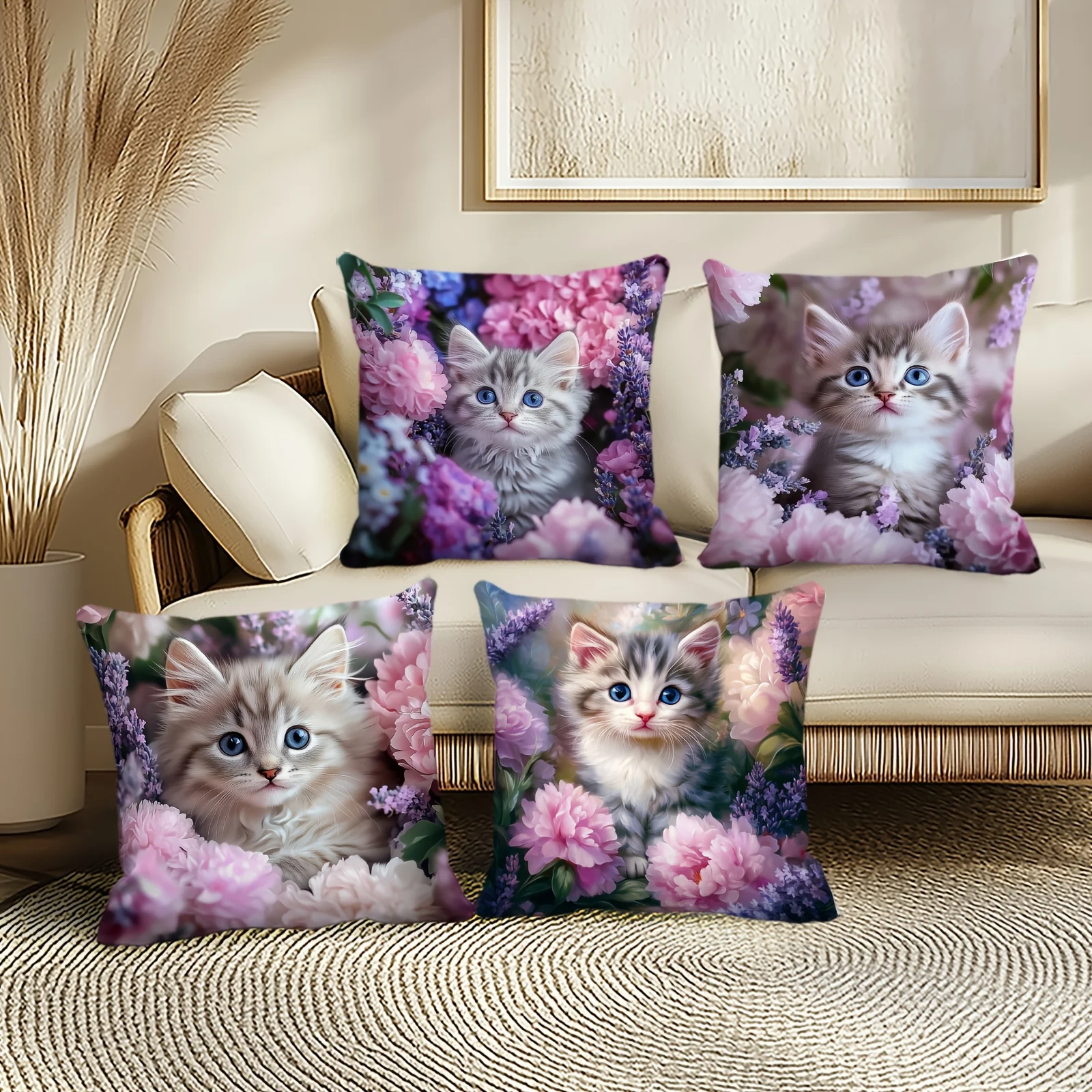 

One Piece 3D Kitten Floral Pattern Pillow Cover Holiday Decoration Sofa Cushion Cover Home Room Office Living Room Decoration