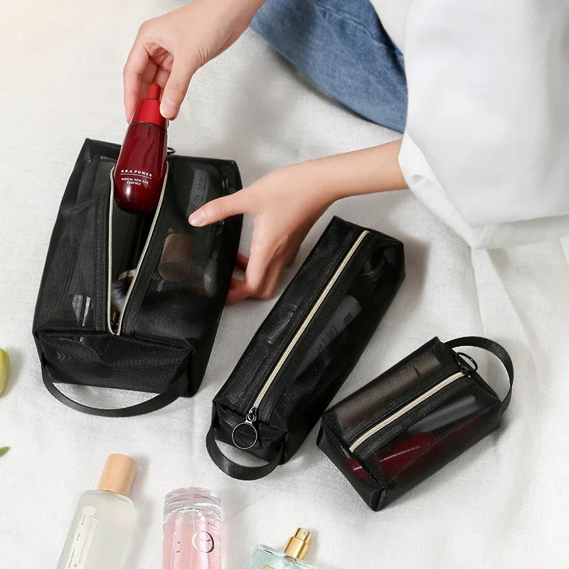 Malha transparente Sacos Cosméticos, Pequeno Grande Clear Black Makeup Bag, Portable Travel Toiletry Organizer, Lipstick Storage Pouch, Novo