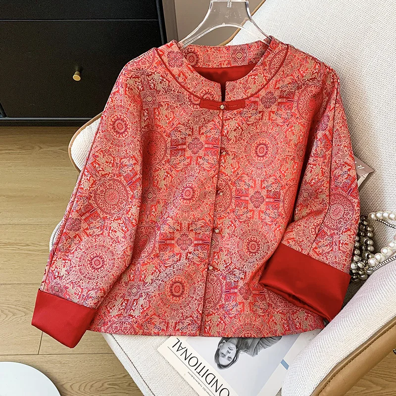 

Новый китайский кардиган-топ в восточном стиле с тяжелой вышивкой, из шелкового атласа, на пуговицах, с воротником-стойкой, в стиле пэчворк, с длинными рукавами