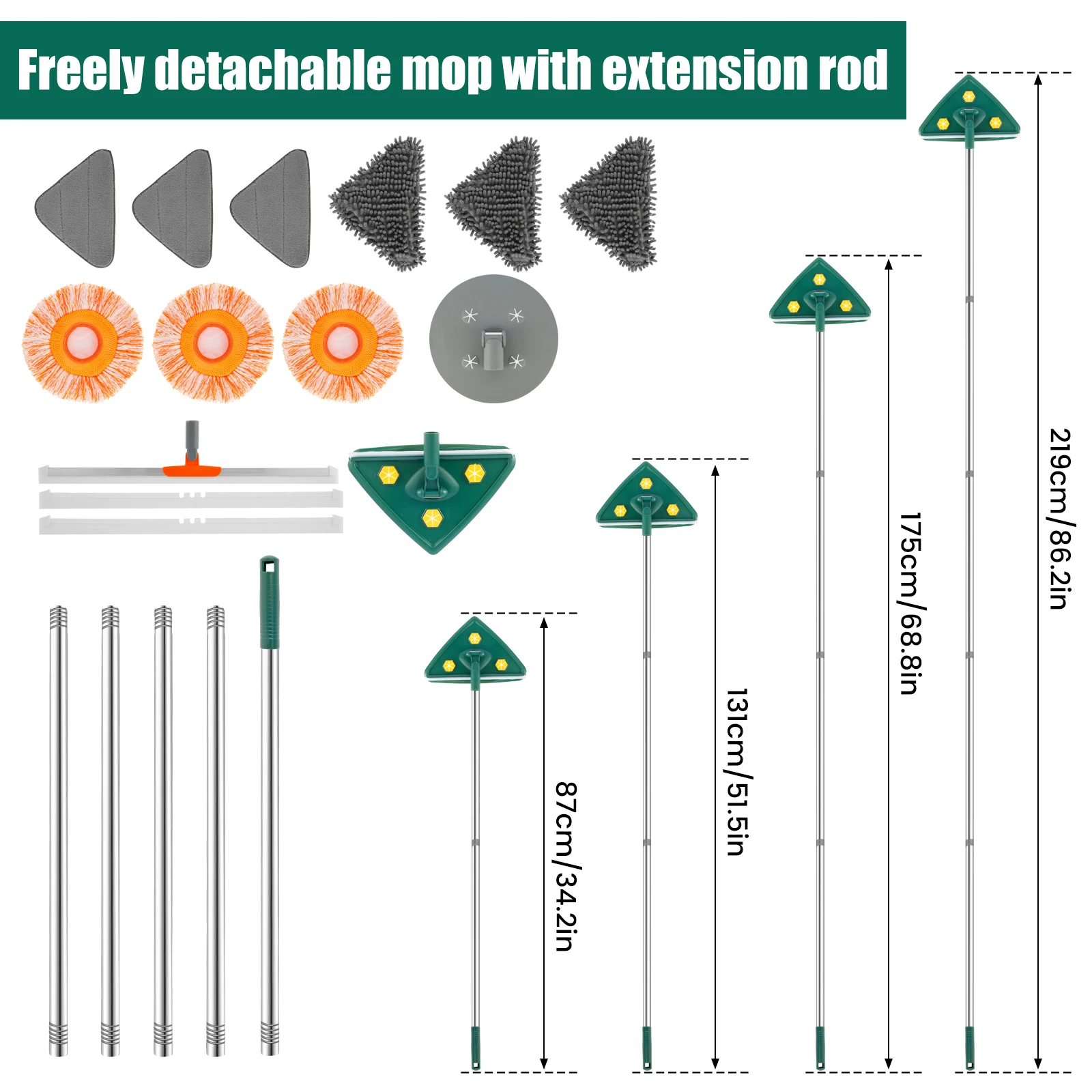 Mop detergente per pareti con manico lungo strumento per la pulizia delle pareti girevole con 9 cuscinetti per mocio sostituibili detergente per pareti staccabile con tergipavimento