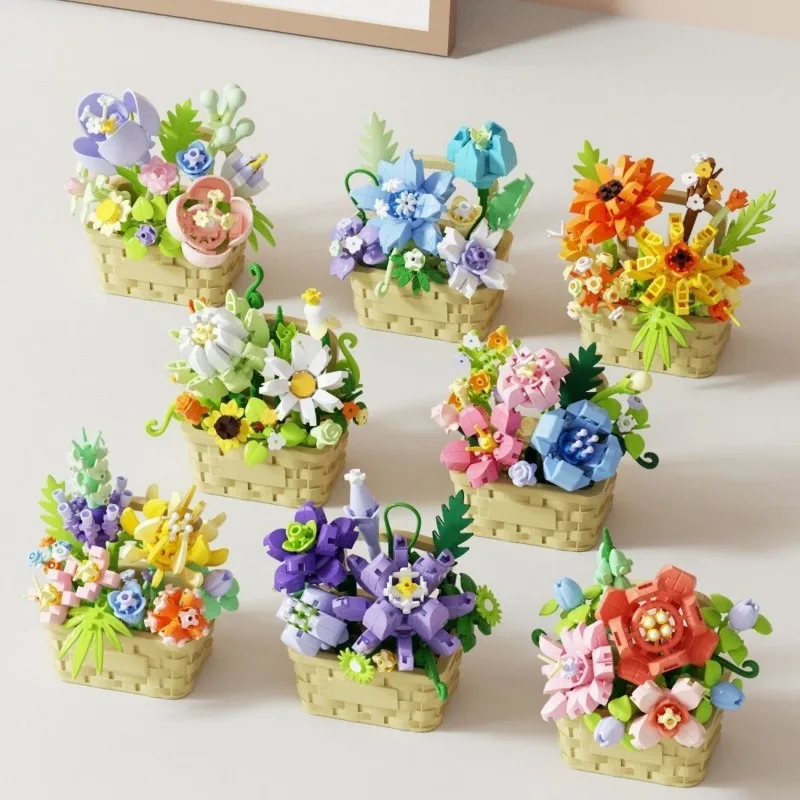 Mini Flower Basket Building Blocks, Mixed Flowers Eternal Flower Micro Bricks, Desktop Decor Ornament, DIY Assembly Gift