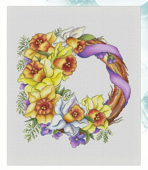 11CT/14CT DIY Embroidery Cross Stitch Kits Craft Needlework Set Canvas Cotton 19 daffodil wreath 39-41