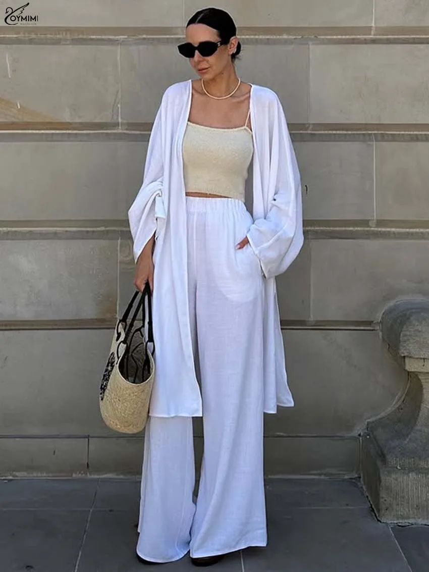

Oymimi Elegant White Cotton Women' S Clothes 2 Piece Sets Casual Loose Long Sleeve Knee-Length Blouses And Pockets Trousers Sets