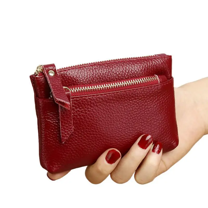 Genuine Leather Coin Purse for Women Mini Cowhide Clutch Bag Card Holder Zipper Keychain Small Wallet Coin Storage Bag