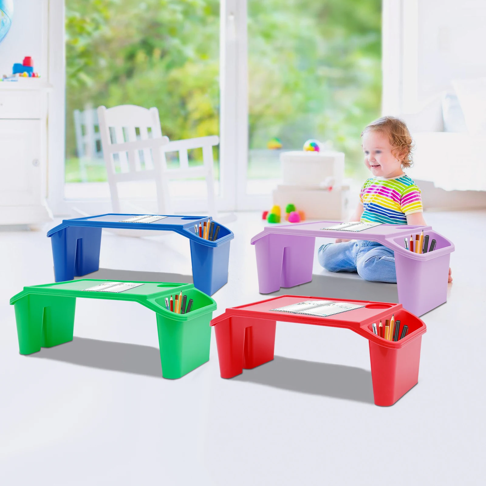 Set of 4 Kids Lap Desk Tray, Portable Activity Table, Plastic, Stackable for Drawing, Writing, Eating, Classroom,Multicolor