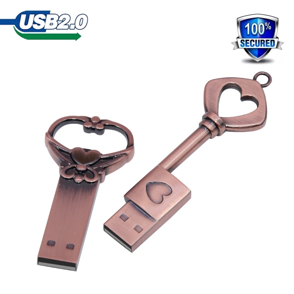 Copper Love Heart Pen Drive 128GB Retro Metal USB Flash Drive 64GB Key Memory Stick Creative Gift Pendrive 64GB External Storage