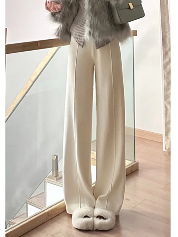 Slimming Woolen Knitted Wide-leg Pants Women's Autumn and Winter High Waist Hanging Loose Straight Leg Mouses Casual Pants