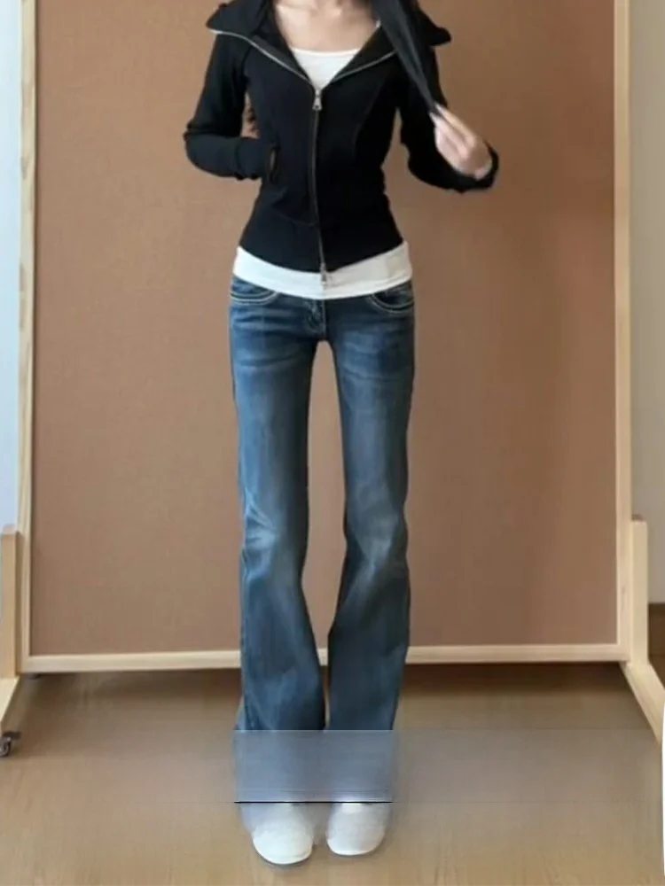 

Американские джинсы-клеш больших размеров в стиле High Street для женщин, летние, новые, с низкой посадкой, прямые, из денима