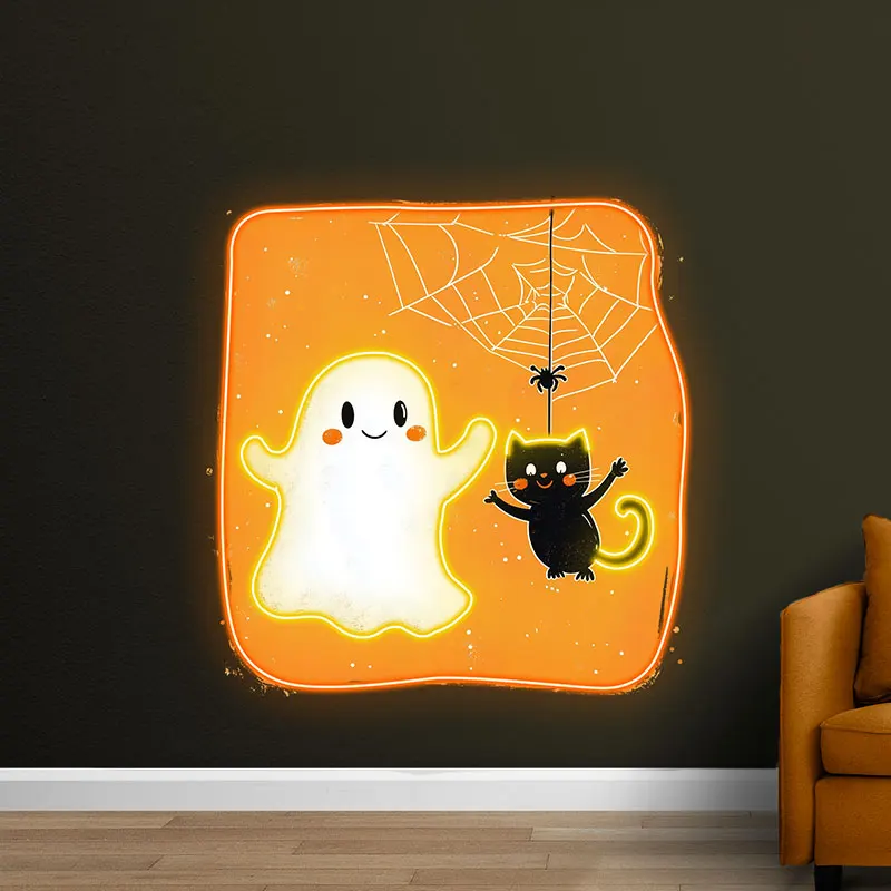 Happy Ghost & Black Cat Neon Light, LED Halloween Wall Decor for Kids, Spooky Indoor Decor,Cute Ghost Cat Design for Festive Fun