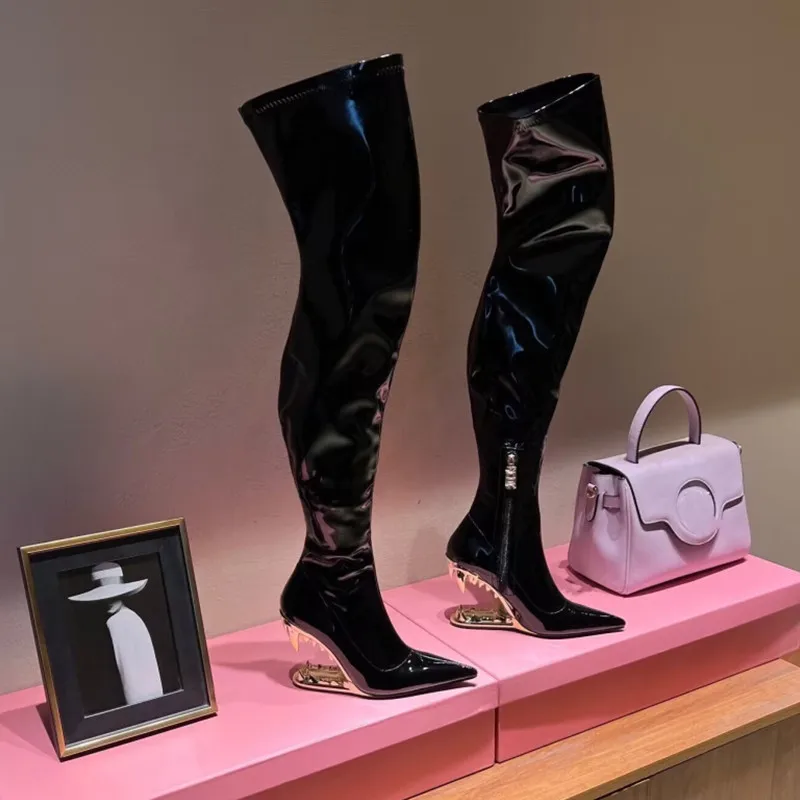 

European and American New Knitted Lacquer Leather Women's Short Boots Fashion Pointed Side Zipper Teeth High Heel Ankle Boots