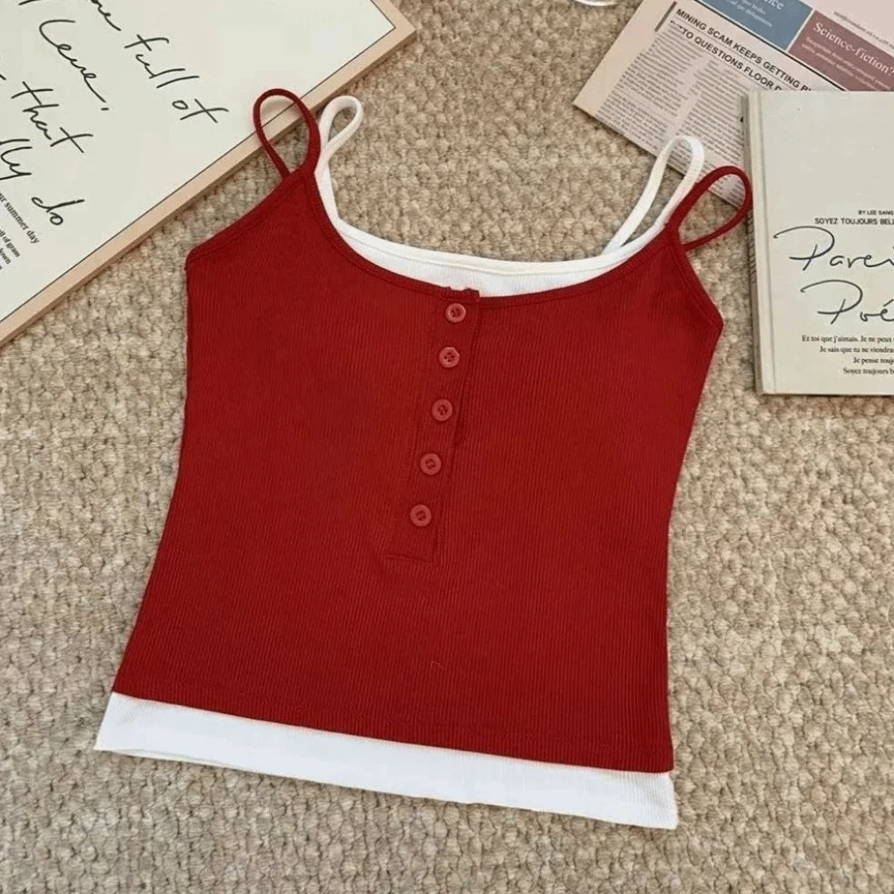 Spicy Girl Color Blocking Crop Top Slim Fit Sleeveless Sling Vest Top Button Underwear Square Neck Fake Two-pieces Camisole Girl