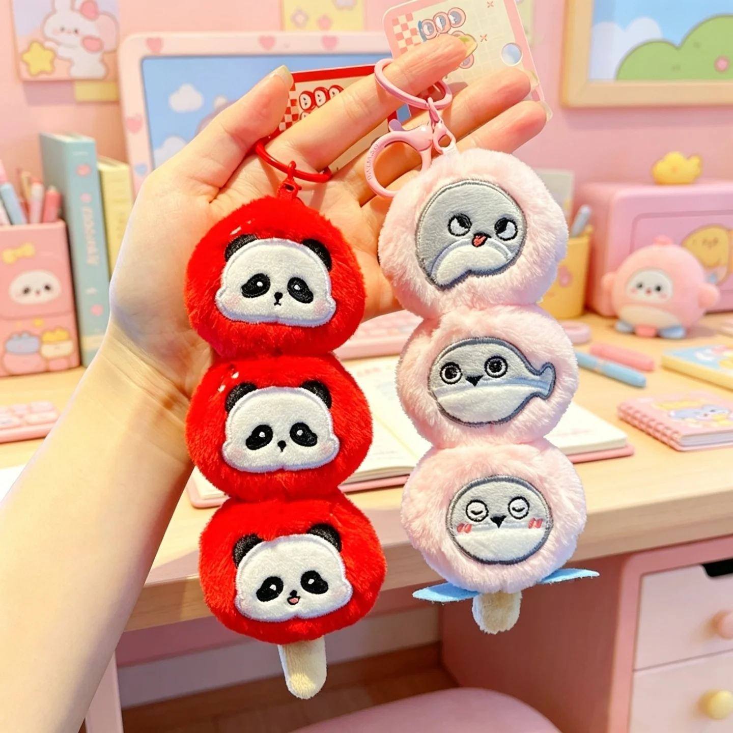 Original Tanghulu Panda Plush Keychain -Creative Skewered Cute Bear Charm for Couples &Backpacks Adorable Stuffed Animal Pendant