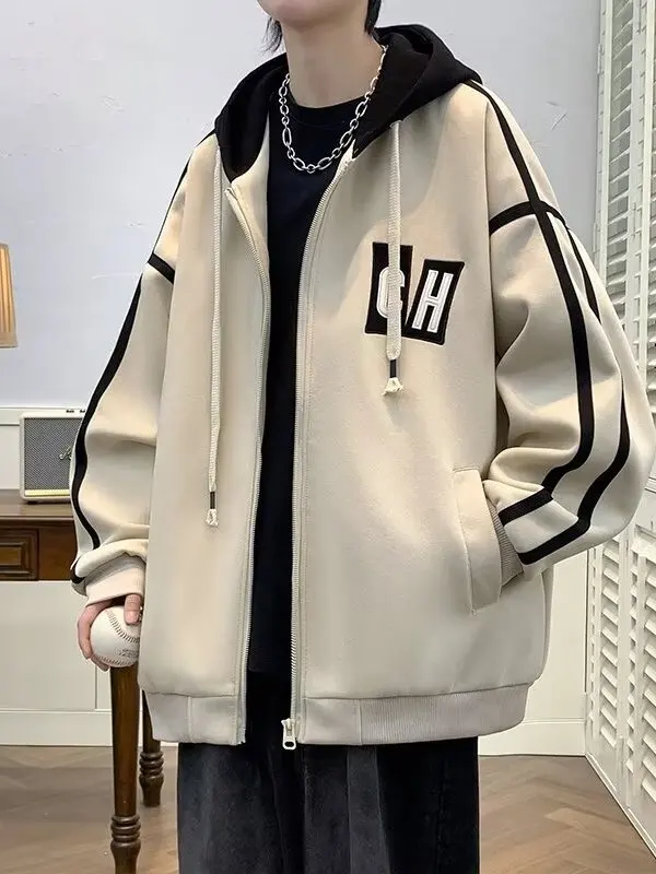 

Подростковая модная бейсбольная куртка с капюшоном, мужская негабаритная спортивная повседневная студенческая верхняя одежда из полиэфирного волокна, длинная застежка-молния све