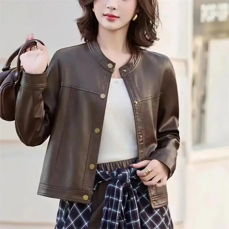 2026 New Women's Short Locomotive Coat Outerwear Spring  Autumn Jacket Top High-end Round Neck Casual PU Leather Jacket Korean