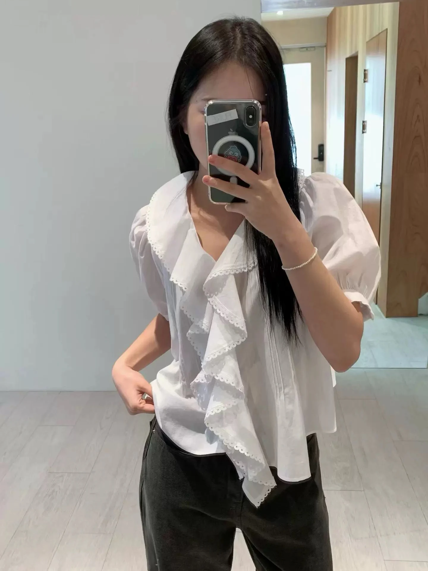 

Sweet Style Lace Trim Bubble Sleeve Short Shirt Women Loose Fluffy Sleeve Folded Hem Ruffle Slimming Top Trendy Cotton