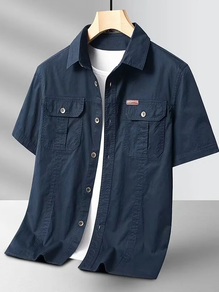Men's Pure Cotton Short Sleeve Shirt Outdoor Hiking Mountain Climbing Summer Sport Breathable American Workwear Jacket