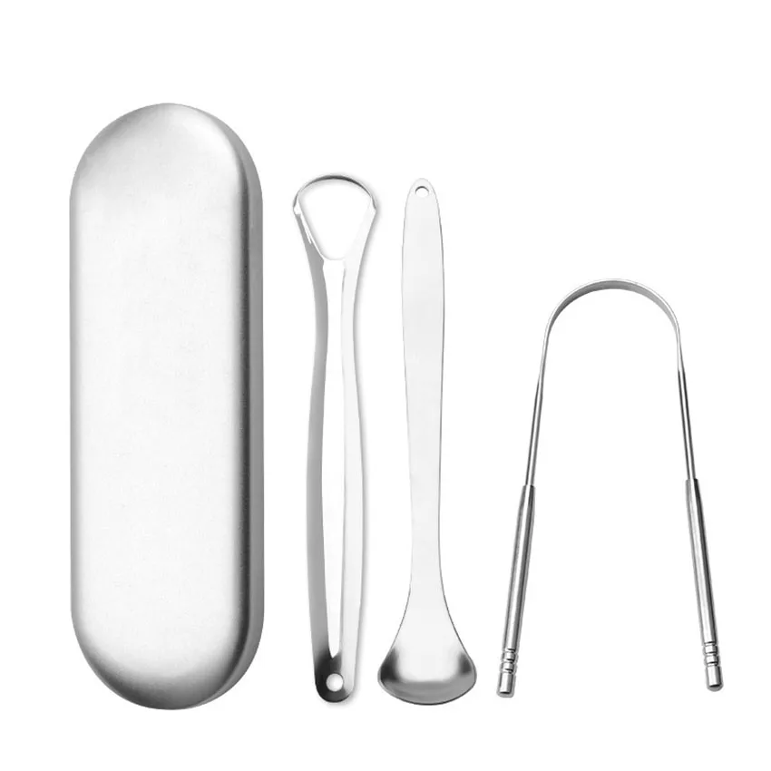 Tongue Scraper Set Stainless Steel Tongue Coating Brush Cleaner Fresh Breath Care Tongue Scraper Can be Used on Both Sides