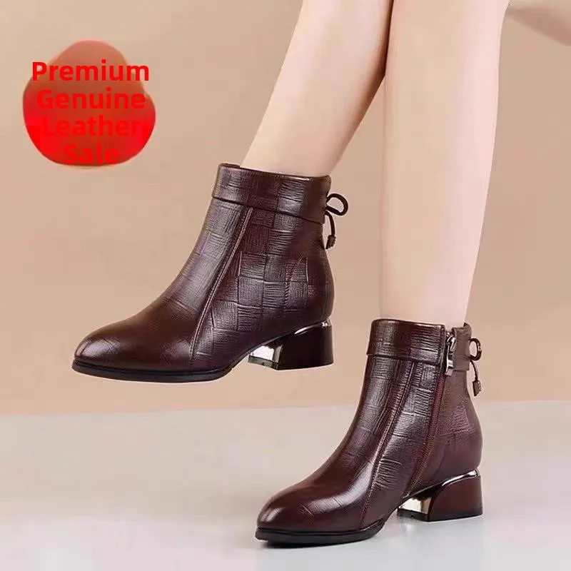 

Leather ort Boots Women's Faion Boots Boots Thi Heel Mom Boots Autumn Winter New Sle Side Zipper round Toe Boots