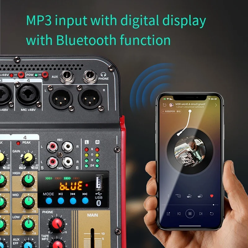 6-Channel Audio Mixer Audio USB Bluetooth-Compatible Reverb Audio Processor Sing Live With Sound Card Mixers EU Plug